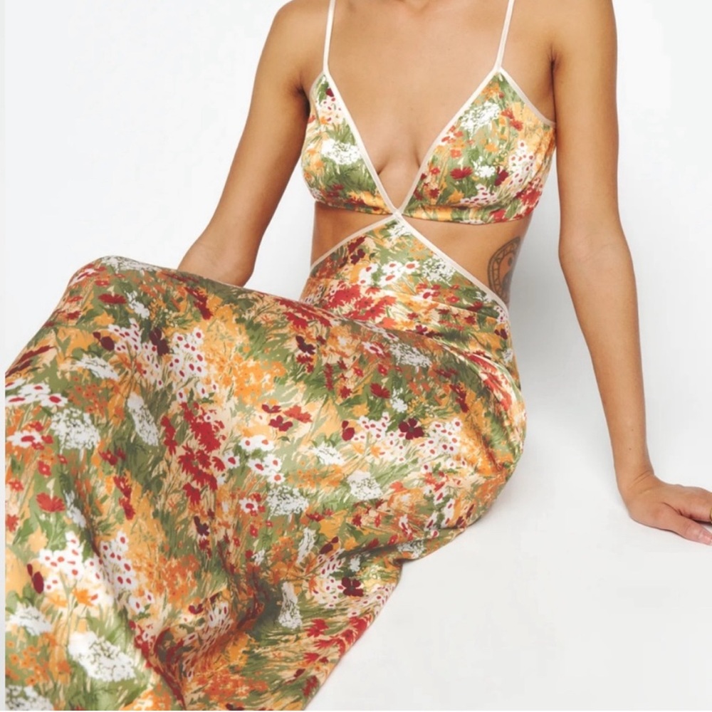 Reformation Floral Cutout Midi Dress in Green, Orange, Red, White